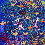 Fotos de uma pintura em tons de azul onde há duas crianças e inúmeros pássaros de diversas cores.